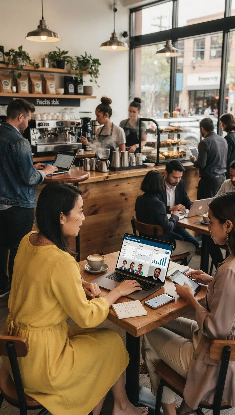 Workspace featuring multiple digital devices with charts and graphs illustrating efficiency metrics.
